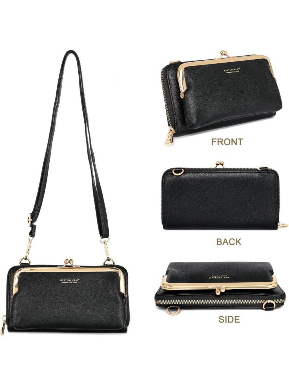 Montana West Women's Wallet Black Faux Leather Adjustable Strap Crossbody Bag - Picture 4 of 6